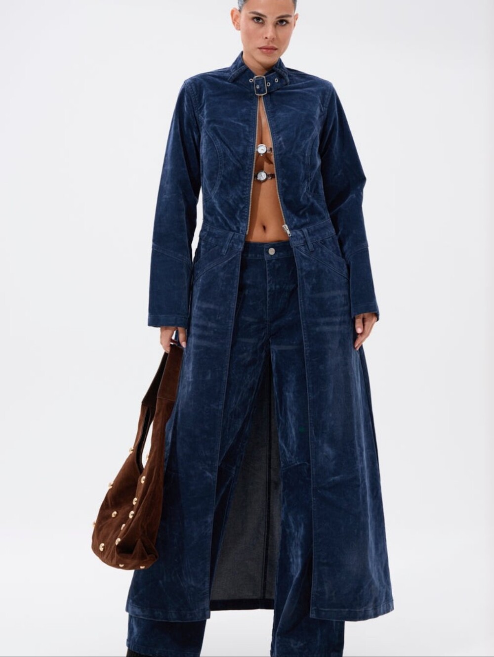 AKIRA Navy Blue VelvetTrench Coat And Matching Jeans - Picture 2 of 9